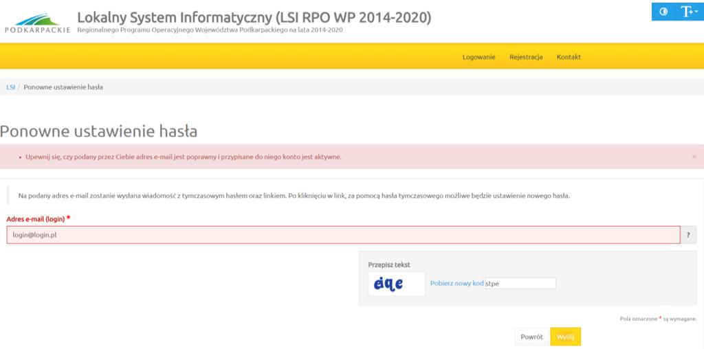 1.2 Funkcja przypomnienia hasła W przypadku utraty danych niezbędnych do zalogowania w systemie należy skorzystać z funkcji przypomnienie hasła znajdującej się w panelu logowania.