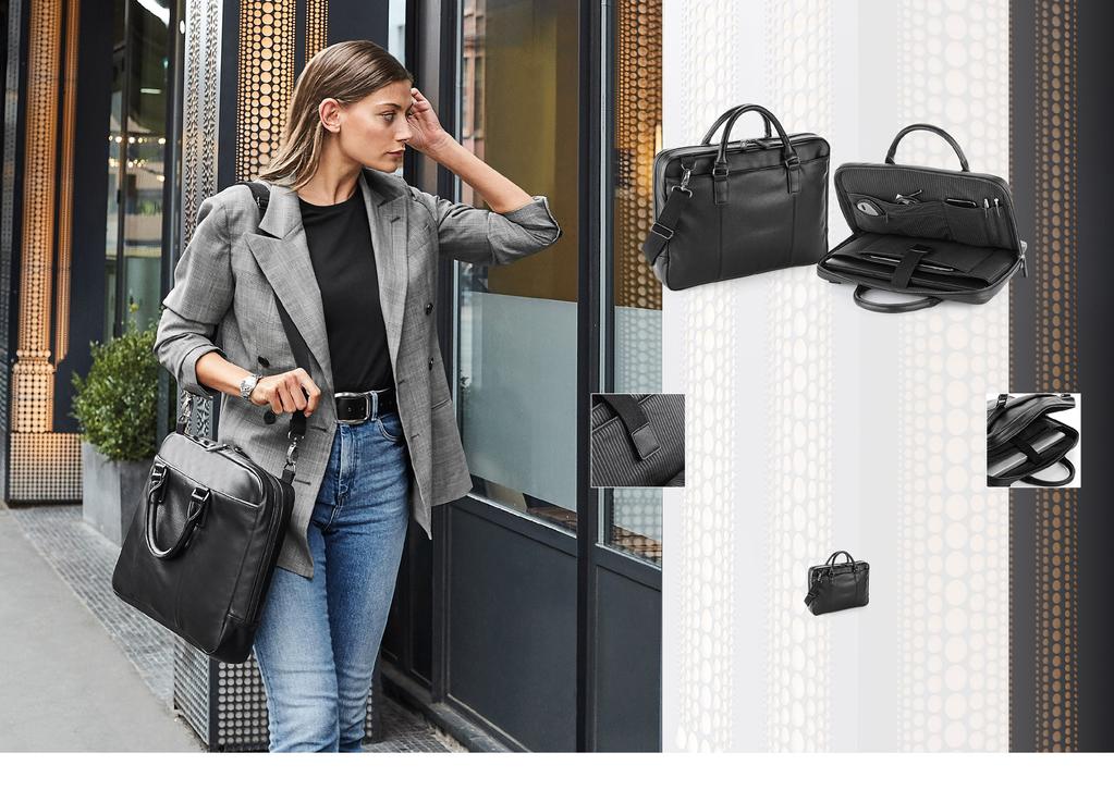 QD892 TORBA NA LAPTOPA NUHIDE SLIMLINE Materiał przypominający naturalną skórę wierzchową NuHide PU Odczepiana metka TearAway ułatwiająca przemetkowanie Kieszeń przednia całkowicie zapinana na zamek,