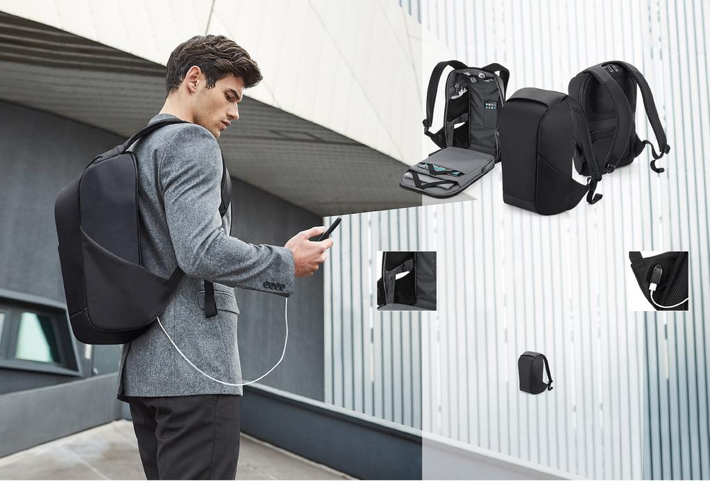 QD925 PLECAK ANTYKRADZIEŻ O W Y PROJECT Z ŁADOWARKA Nylon Źakardowy/ Poliester Pokryty PU (połączenie) Odczepiana metka TearAway ułatwiająca przemetkowanie Struktura odporna na cięcia Główna