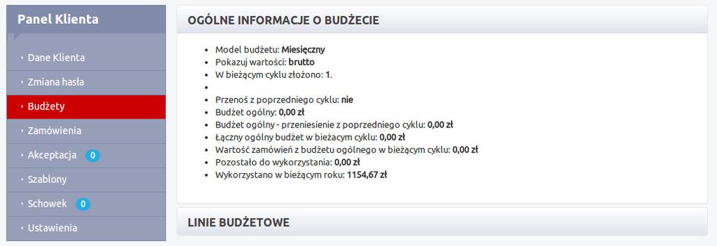 górnym pasku: Po najechaniu na sekcję "Twój budżet" wyświetlone zostaną poszczególne linie budżetowe wraz z pozostałą