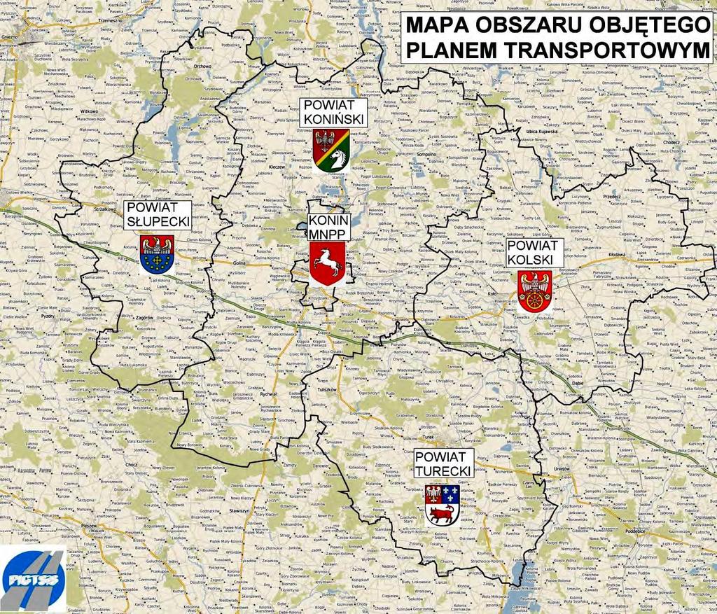 2. Charakterystyka obszaru objętego planem transportowym, tj. Miasta Konin i Powiatów Konińskiego, Kolskiego, Tureckiego i Słupeckiego 2.1. Położenie i powierzchnia Mapa 1.