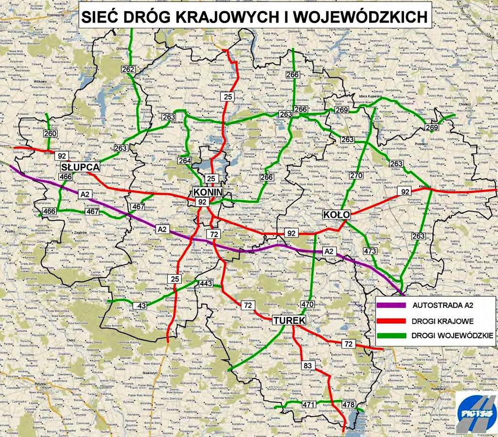 Mapa 2. Sieć dróg krajowych i wojewódzkich Drogi krajowe Przez teren Miasta Konina przebiegają trzy krzyżujące się w mieście ze sobą drogi krajowe nr 25, 92 i 72.