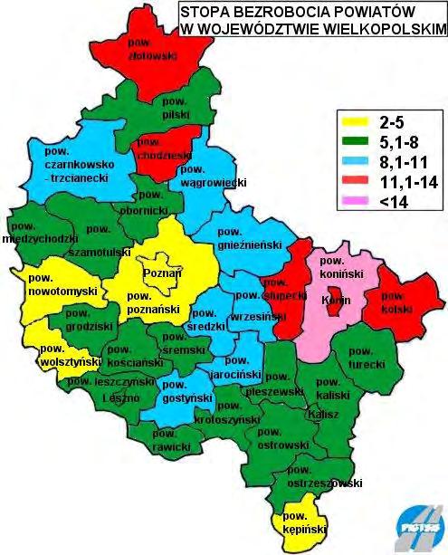 Mapa 13. Stopa bezrobocia w powiatach w województwie wielkopolskim Źródło: Dane GUS na 31.XII.2015 r. 2.4.4. Aktywność zawodowa mieszkańców.