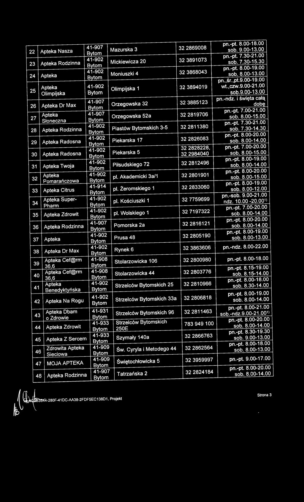 22 Apteka Nasza Mazurska 3 32 2869008 sob. 9.00-13.00 23 Apteka Rodzinna pn.-pt. 7.30-21.00 Mickiewicza 20 32 3891073 sob. 7.30-15.30 24 Apteka pn.-pt. 8.00-19.00 Moniu~zki 4 32 3868043 sob. 8.00-13.00 pn.