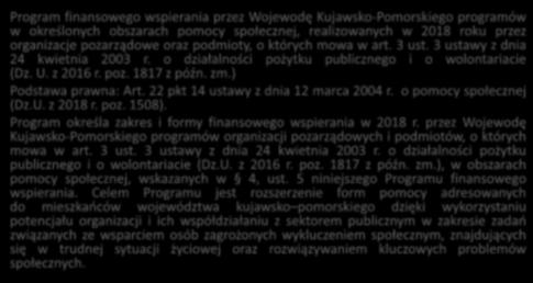 Środki finansowe przeznaczone na przeciwdziałanie bezdomności Program finansowego wspierania przez Wojewodę Kujawsko-Pomorskiego programów w określonych obszarach pomocy społecznej, realizowanych w