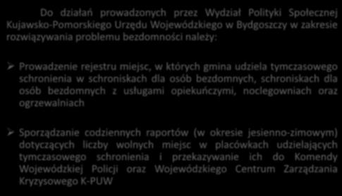 Ogólny opis działań prowadzonych na terenie województwa kujawsko-pomorskiego w zakresie rozwiązywania problemu bezdomności Do działań prowadzonych przez Wydział Polityki Społecznej