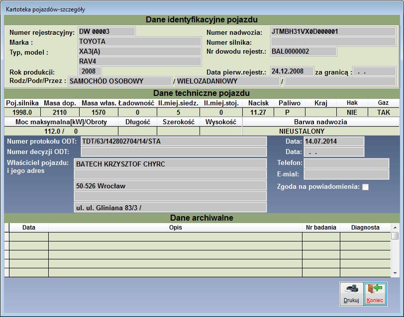 programu dostęp do tych informacji jest możliwy jeszcze przed rozpoczęciem badania technicznego. W tym celu na metryce pojazdu (Rys. 7) należy użyć przycisk [I].