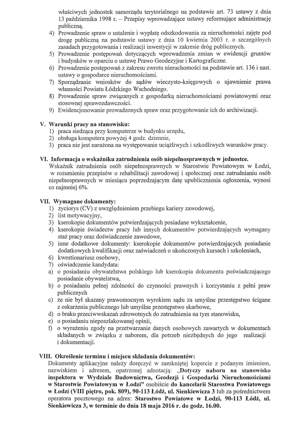 właściwych jednostek samorządu terytorialnego na podstawie art. 73 ustawy z dnia 13 października 1998 r.