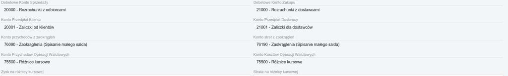 Konto domyślne Opis konta Numer konta Konto skumulowanego zysku / straty w poprzednich latach obrotowych Rachunek Zysków i Strat dla aktywnego roku obrotowego Konto sprzedaży Na koniec roku