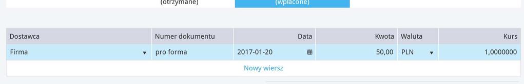 Dostawca Wybierz dostawcę z listy, Numer dokumentu Uzupełnij numer dokumentu wpłaty, np. numer pro formy.