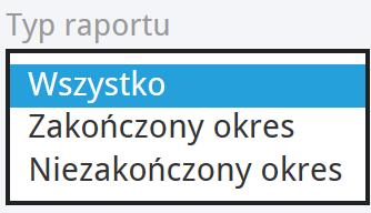 Typ raportu możesz wybrać, czy raport ma zawierać dane projektu z zakończonego lub niezakończonego okresu. Suma okresów zaznacz to pole, jeśli wartości z danych okresów mają się sumować.