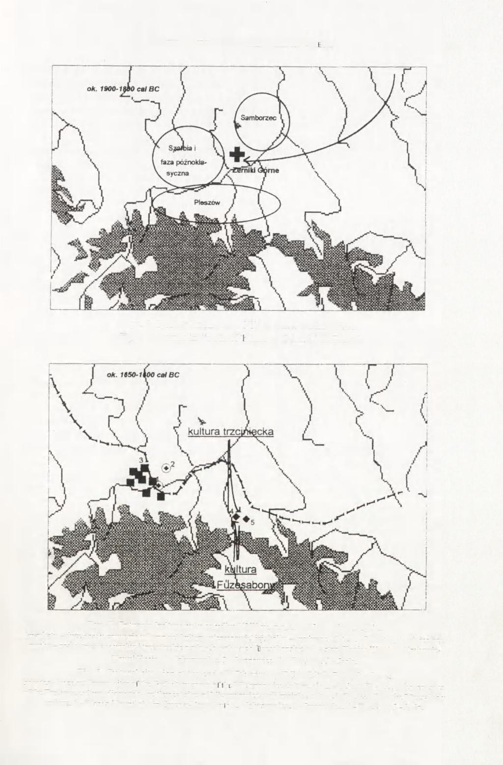 KULTURA MIERZANOWICKA I KULTURA TRZCJNIECKA 23 Ryc. 4. Sytuacja kulturowa w XIX w. p.n.e. w Małopolsce. Fig. 4. Cultural situation in 19th century BC in Little Poland. Ryc. 5.