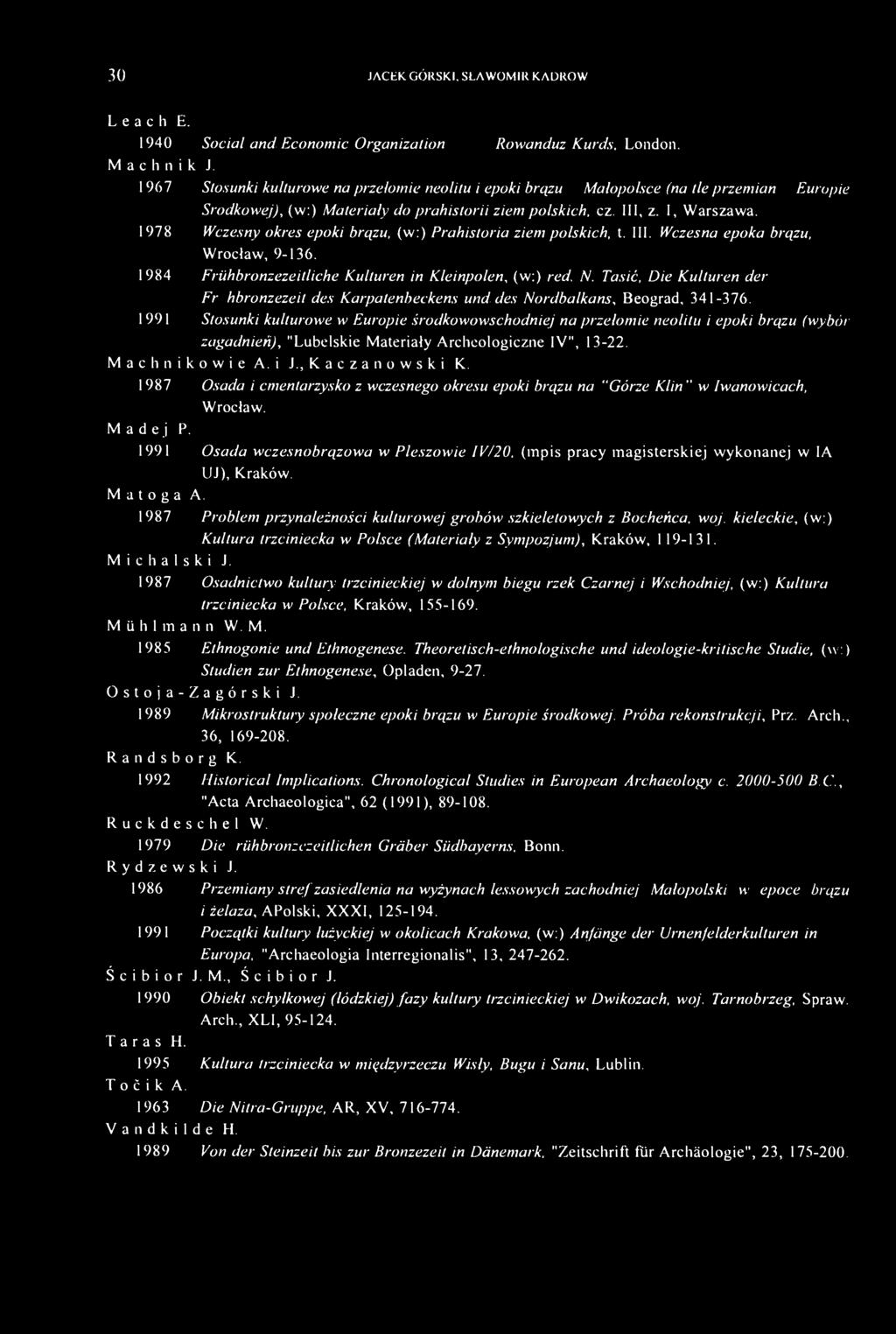 30 JACEK GÓRSKI. SŁAWOMIR KADRÓW L e a c h E. 1940 Social and Economic Organization of the Rowanduz Kurds, London. M a c h n i k J.