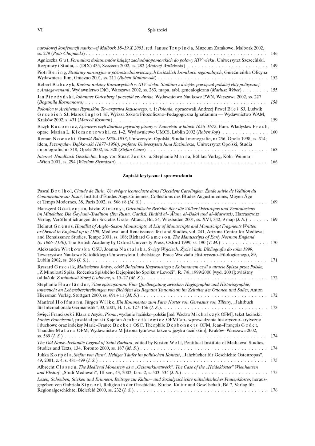 VI Spis treści narodowej konferencji naukowej Malbork 18-19 X 2001, red. Janusz Tr u p i n d a, Muzeum Zamkowe, Malbork 2002, ss.