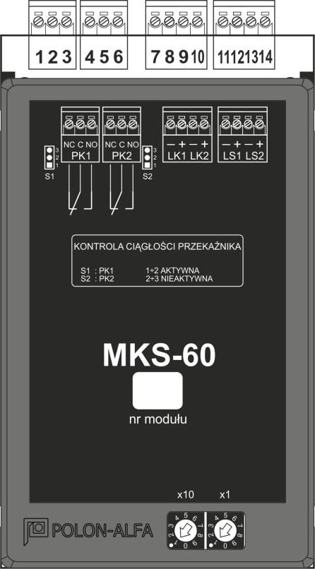 48 ID-E332-001 7.3 MKS-60 moduł kontrolno sterujący Moduł MKS-60 realizuje funkcje: sygnalizacji optycznej, sygnalizacji akustycznej, diagnostyki, wizualizacji stanów centrali.
