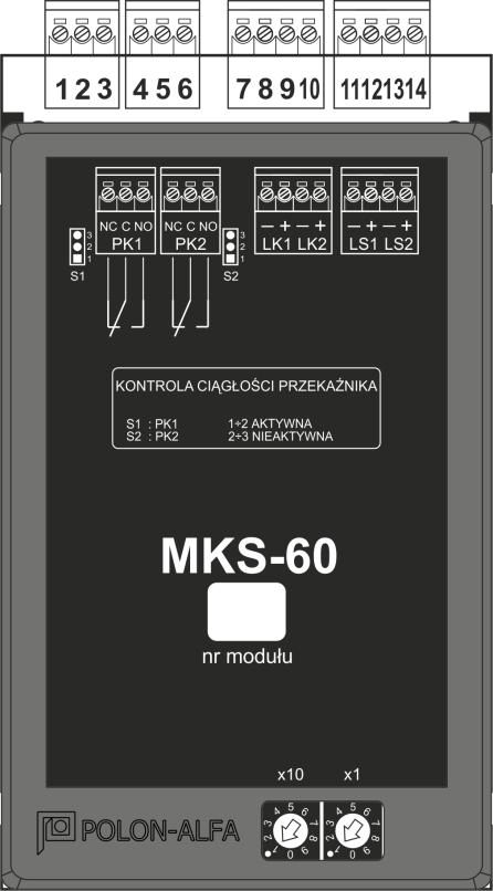 48 ID-E332-001 7.3 MKS-60 moduł kontrolno sterujący Moduł MKS-60 realizuje funkcje: sygnalizacji optycznej, sygnalizacji akustycznej, diagnostyki, wizualizacji stanów centrali.