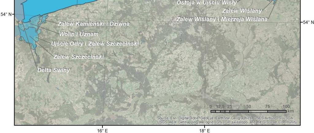 PLH990002 Przybrzeżne Wody Bałtyku PLB990002 Ostoja Słowińska PLH220023 Ujście Wisły PLB220004 Ostoja w Ujściu Wisły PLH220044 Zalew Kamieński i Dziwna PLB320011 Ujście Odry i Zalew Szczeciński