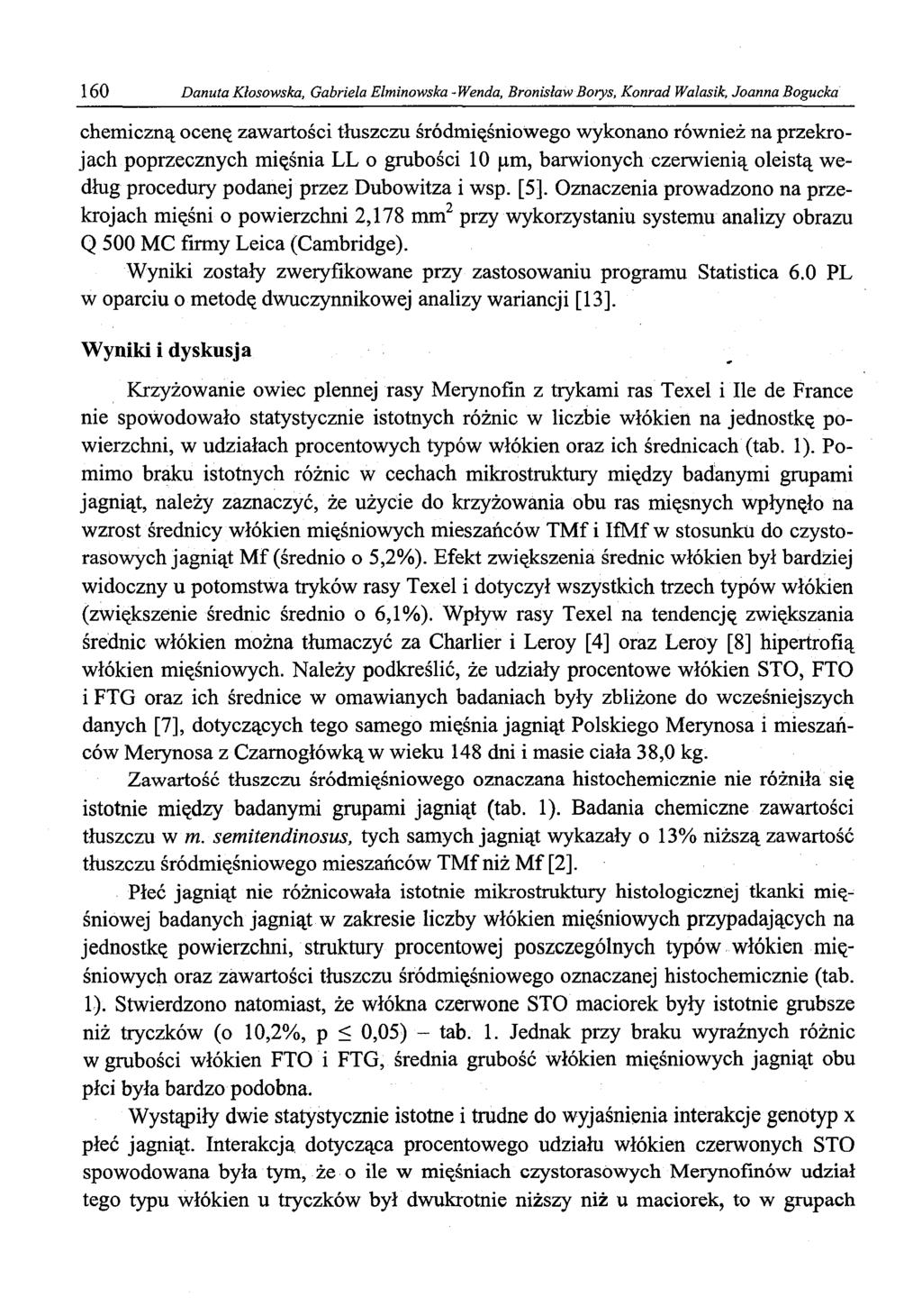 160 Danuta Kłosowska, Gabriela Elminowska - Wenda, Bronisław Borys, Konrad Walasik, Joanna Bogucka chemiczną ocenę zawartości tłuszczu śródmięśniowego wykonano również na przekrojach poprzecznych