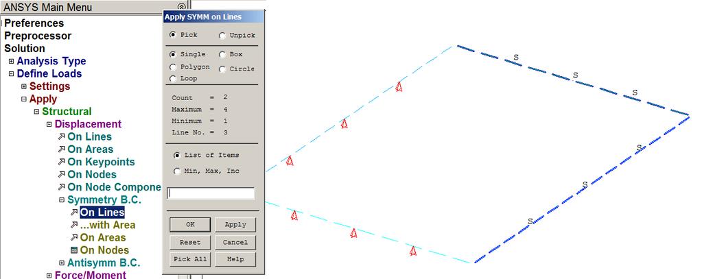 Loads>Apply>Structural>Dispalcements>On Lines 10.