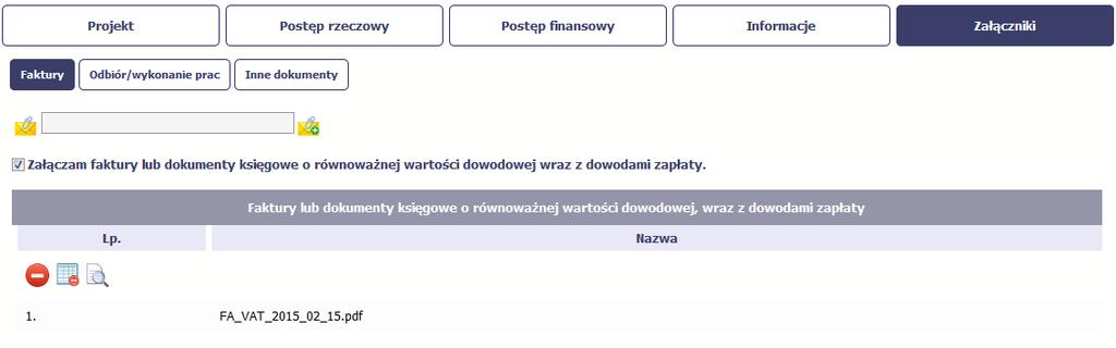 Po załączeniu dokumentów możesz je usunąć (także wszystkie naraz) lub podejrzećpoprzez funkcje dostępne w tabeli: Usuń Usuń wszystkie Podgląd Odbiór/wykonanie prac W tej sekcji, dostępne