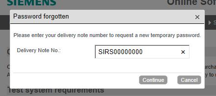 2. W nowo otwartym okienku należy wprowadzić numer dostawy (Delivery Note numer zaczynający się od liter SIRS ) po czym kliknąć na przycisk Continue.