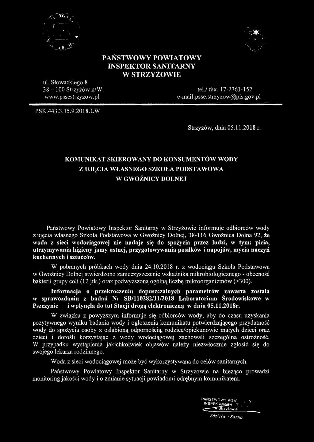 38-100 Strzyżów n/w. PSK,443.3.15.9.2018.LW W STRZVŻOWIE tel.' fax. 17-2761-152 e-mail:psse.strzyzow@pis.gov.
