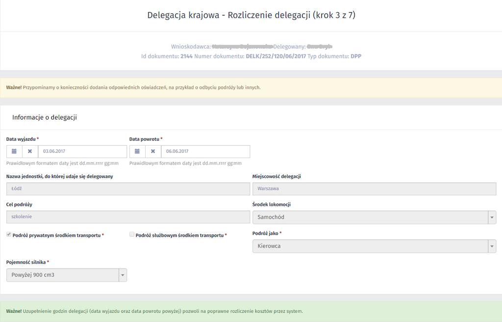 Rozliczenie delegacji: Informacje o delegacji wypełnianie godzin dla dat wyjazdu Rozliczenie
