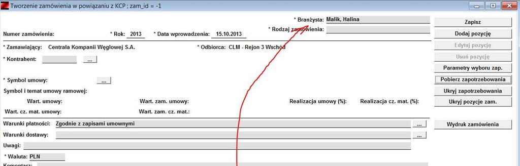 loguje się do LZAM i tworzy zamówienie wybierając z listy branżystę, od którego otrzymał upoważnienie: Jeżeli jest to pierwsze zamówienie do