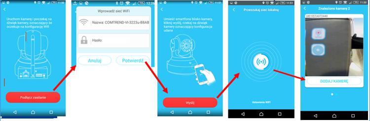 Kamera sama znajdzie sieć WIFI routera. Telefon musi być połączony z tą samą siecią WIFI, aby znalezienie kamery przez aplikację było możliwe.