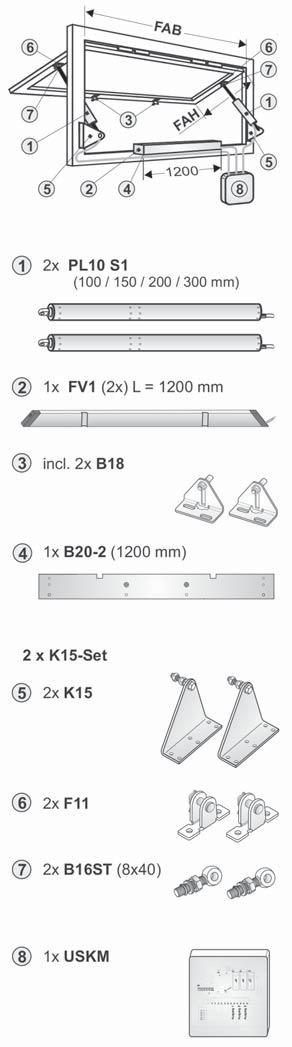 RWA1100-TE 2x PL10 S1 + FV1-R (2x) + USKM DANE DO ZAMÓWIENIA Elementy Numer produktu 2x PL10 S1 (cena za napêd) PL10-100 (FAH min. 550 mm) 565010 PL10-150 (FAH min. 600 mm) 565015 PL10-200 (FAH min.