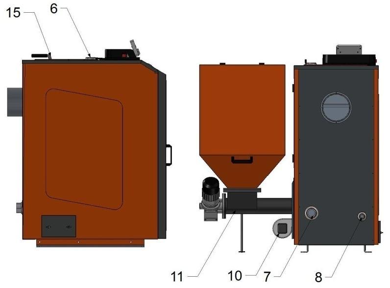 podajnik paliwa; 4 drzwiczki popielnikowe; 12 zasobnik paliwa; 5 drzwi osłonowe; 13 regulator elektroniczny; 6