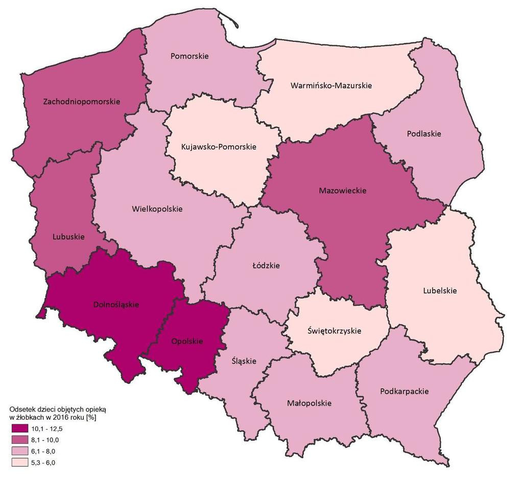 Ryc. 9. Odsetek dzieci do 3 lat objętych opieką w żłobkach w 2016 r.