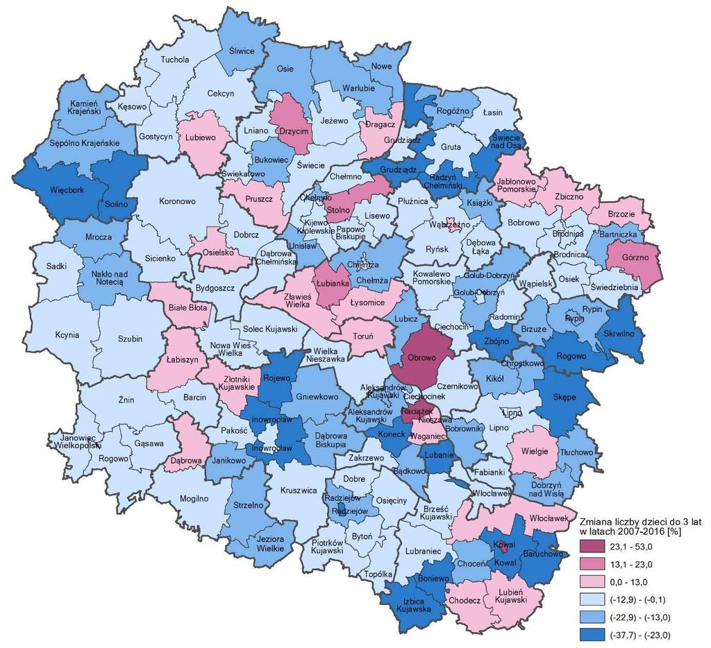 Ryc. 1. Zmiana liczby dzieci w wieku do lat 3 w województwie kujawsko-pomorskim (2007-2016) Źródło: Bank Danych Lokalnych (BDL) GUS Ryc.