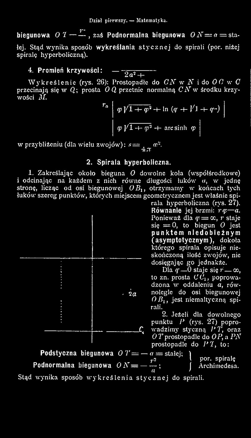 punktów, których miejscem gcomctrycznem jest właśnie spirala hyperboliczną (rys. 2 7 ). Równanie jej brzmi: rep a.