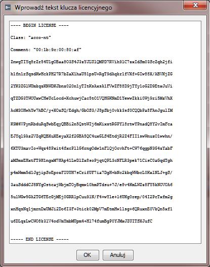 10 ACCO Soft SATEL Rys. 7. Okno z przykładowym tekstem klucza licencyjnego. 4.1.2.2 Uzyskanie licencji 1.