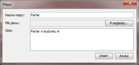Przycisk staje się aktywny dopiero po wprowadzeniu zmian w polu Nazwa mapy lub Plik planu. Edycja elementów wyświetlanych na mapie Najedź kursorem na mapę i kliknij na niej prawym przyciskiem myszki.
