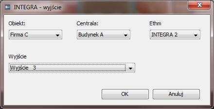 W oknie INTEGRA wyjście, które się otworzy, określ parametry dodawanego wyjścia. Obiekt wybierz obiekt, do którego należy dodawane wyjście.