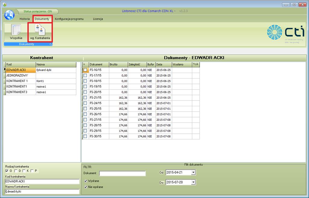 9.2. Dokumenty wg. Kontrahenta W celu podglądu dokumentów od danego kontrahenta należy kliknąć w ikonę wg. Kontrahenta: Zakładka jest podzielona na dwie części.