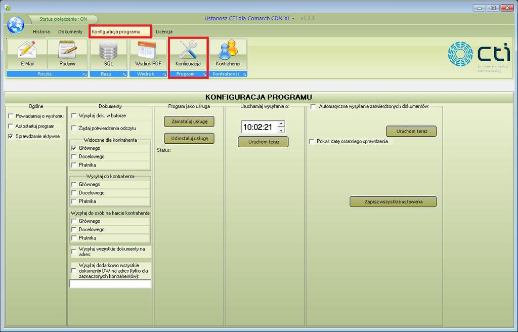 4. Ogólna konfiguracja programu Po poprawnym nawiązaniu połączenia należy przejść do ogólnej konfiguracji programu.