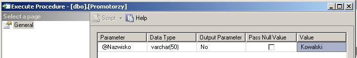 prawym przyciskiem myszy na procedurze Promotorzy i wybranie Execute Stored Procedure, co wywoła okienko, w którym można przekazać do procedury jakieś parametry, jak na rys. 11. Rys.