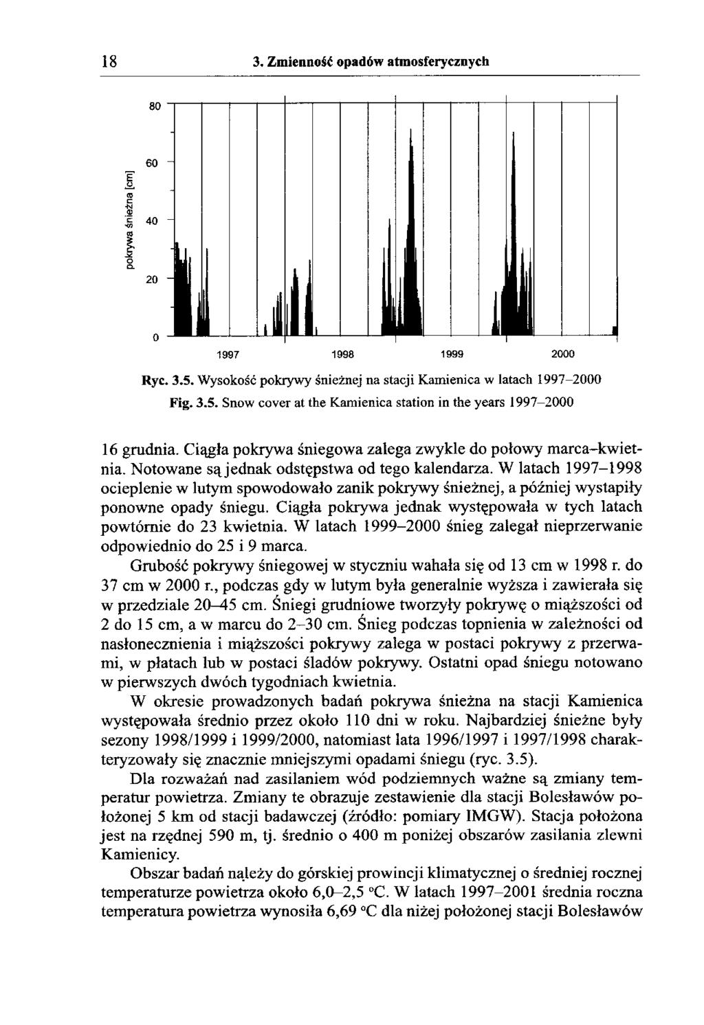 18 3. Zmienność opadów atmosferycznych 80 60-40 0 i 1997 1998 1999 2000 i. 1 iilj o O. 20 Ryc. 3.5. Wysokość pokrywy śnieżnej na stacji Kamienica w latach 1997-2000 Fig. 3.5. Snow cover at the Kamienica station in the years 1997-2000 16 grudnia.