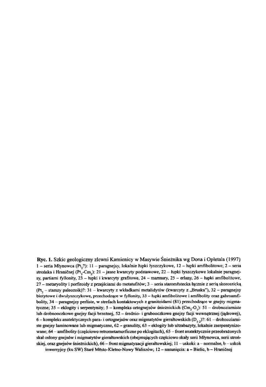 Ryc. 1. Szkic geologiczny zlewni Kamienicy w Masywie Śnieżnika wg Dona i Opletala (1997) 1 - seria Młynowca (Pt2?