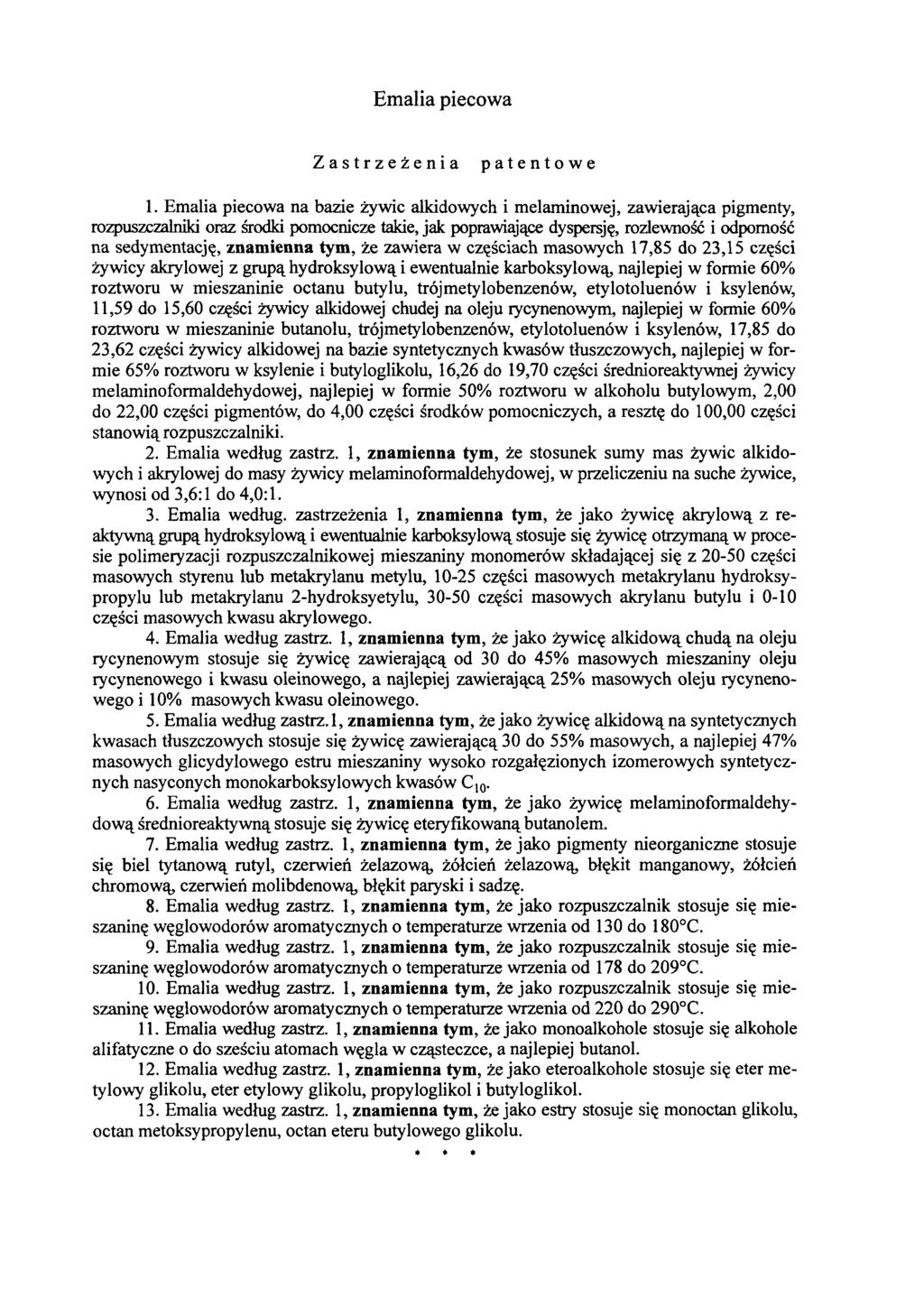Emalia piecowa Zastrzeżenia patentowe 1.