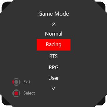 Konfiguracja w menu OSD Przycisk nawigacyjny Przycisk skrótu (gdy menu OSD jest wyłączone) Podstawowe operacje (gdy menu OSD jest włączone) W górę Tryb Gry Naciśnij środkowy przycisk, aby potwierdzić