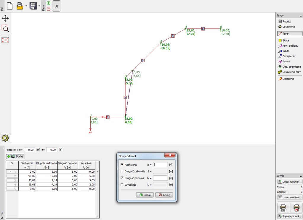 Wprowadzanie odcinków terenu oraz ściany skalnej w ramce "Teren" Wprowadzamy przekrój poprzeczny zbocza skalnego wykorzystując współrzędne obliczone z przekroju poprzecznego: Numer odcinka Nachylenie
