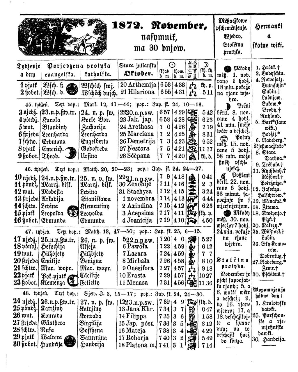 1 8 7 3. November, MSßaAowe pschemönjenje. Wjedro. Stolötna protyka. Hermanki o stötne wiki. Tydzenj«a dny Porjedjen evangelska. 1 pjatk 2 ßobot Wsch d D 45. ty 3»jedz. 4 pöndz. 5 Wut.