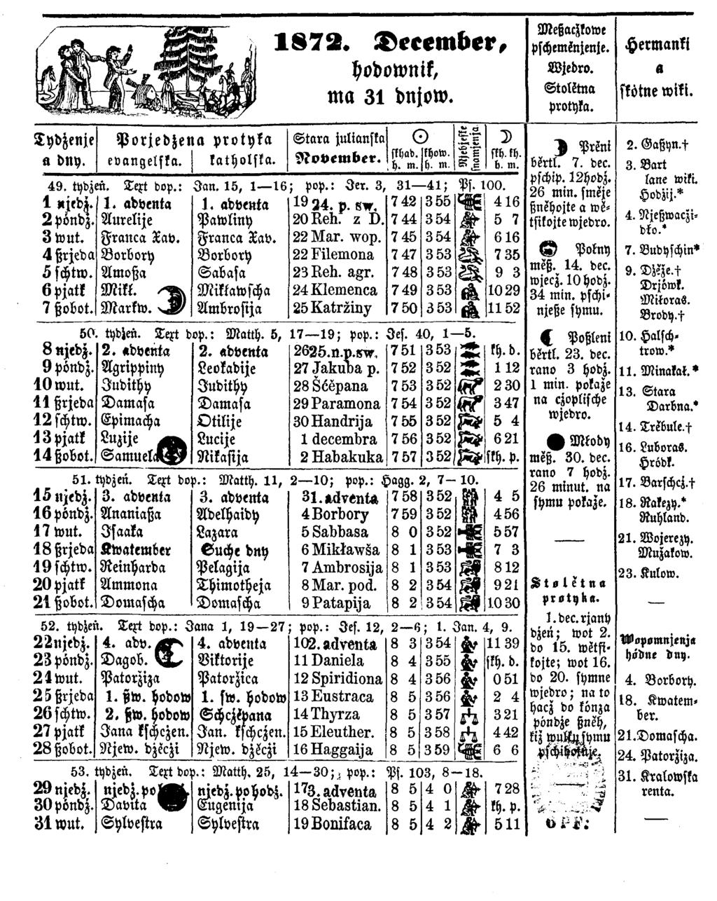 1 8 7 2. December, hodownik, ma 31 dnjow. MeßaHkowe pschemilnjenje. W je dro. Stolktna protyka. Hermankj s stötne wiki. Tydzenje PorjedZena protyka Stara julianska O D skhad. lkhow. *» a dny.