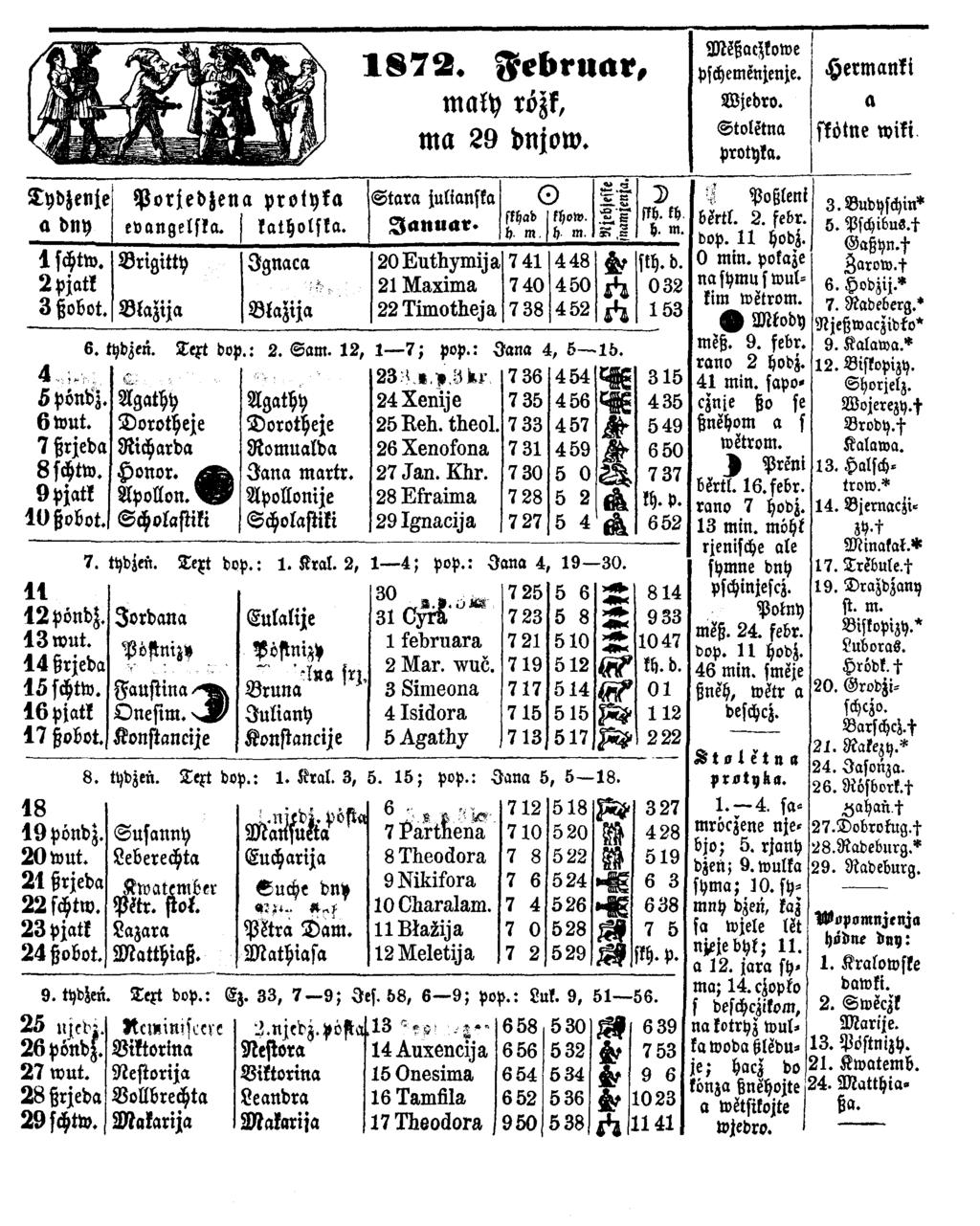 1 8 7 2. Februar, mach rözk, ma 29 dnjow. Mßacstowe pschemenjenje. Wjedro. Stoletna protyka. Hermanki a ftötne wiki Tydzenje a dny Porjedjena protyka evangelska. j katholska.
