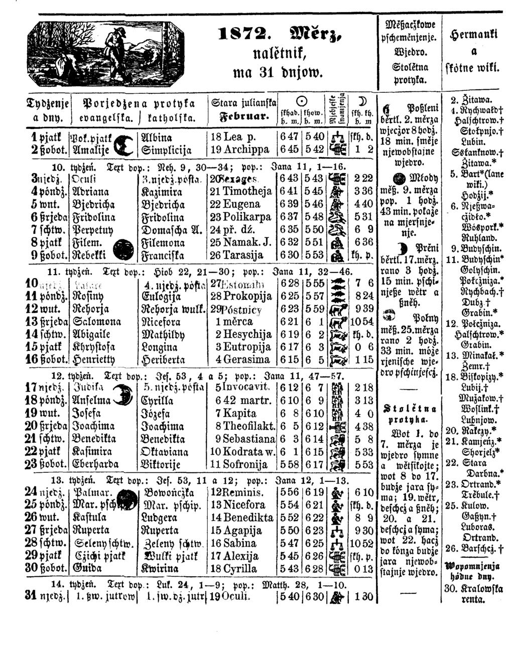 Tydjenje a dny. 1 pjatk P ok. pjatk 2 ßobot. Amalije ä L. 1872. M erz f Meßac^kowe pschemenjenje. Porjedzena protyka evangelska. J katholska. Albina _ Simplicija naletnik, ma 31 dnjow.