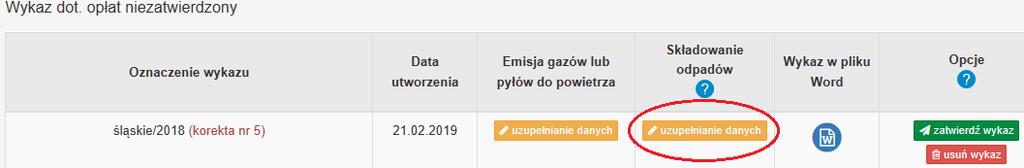 Przycisk uzupełnianie danych jest aktywny tylko w przypadku, gdy podmiot w raporcie do Krajowej bazy w zakładce Miejsca